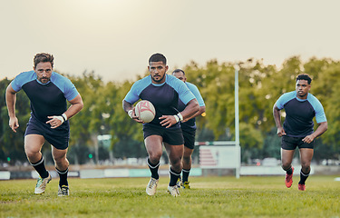Image showing Rugby, team and men training, playing on grass field and exercise for healthy lifestyle, balance and wellness. Male players, athletes and guys outdoor, competition and match for fitness and practice