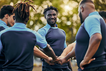 Image showing Diversity, team and men with hands together in sports for support, motivation or goals outdoors. Man sport group fist bump for fitness, teamwork or success in collaboration before match or game