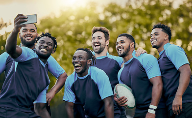 Image showing Rugby, team and sports selfie for profile picture, vlog or social media post together. Sporty man holding smartphone smiling in teamwork for group photo, memory or friendship outdoors