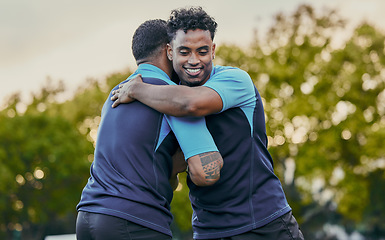 Image showing Man, friends and hug in sports for partnership, teamwork or trust in unity for game or match in nature. Happy men hugging in sport practice, rugby or workout exercise in team training outdoors