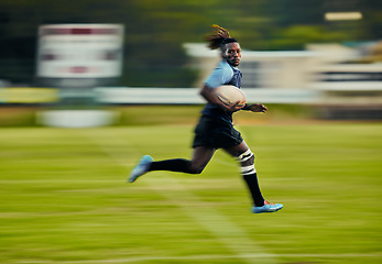 Image showing Rugby, action and black man running with ball to score goal on field at game, match or practice workout. Sports, fitness and motion, player on blurred background on grass with energy and sport skill.