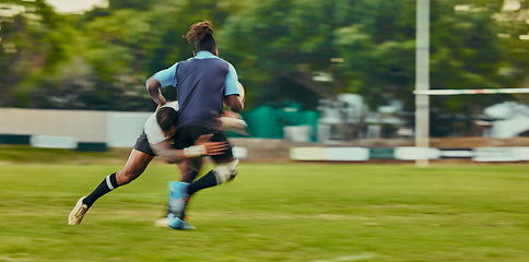 Image showing Rugby, tackle and action, black man running to score goal on field at game, match or practice workout. Sports, fitness and motion, player in action and blur on grass with energy and skill in sport.