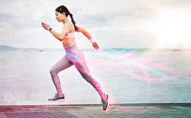 Image showing Fitness, exercise and woman running, hologram and promenade for workout, wellness or healthy lifestyle. Female runner, athlete or girl training, holographic or track progress for pulse or endurance