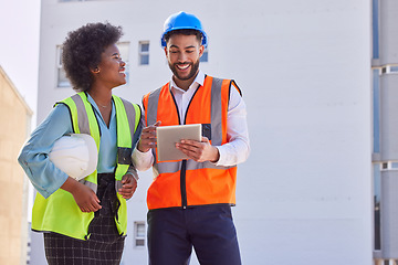 Image showing Architecture, tablet and teamwork with people on construction site for inspection, planning or project management. Engineering, buildings and designer with happy man and black woman for development