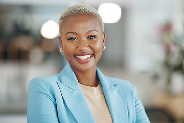 Image showing Face portrait, manager and happy black woman, business leader or employee smile for startup company success. Management, corporate person and headshot of female, bank admin or professional consultant