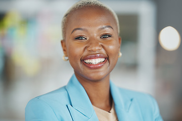 Image showing Agency, face portrait and happy black woman, business or worker confident for startup company mission. Management, corporate person and African female, bank admin or professional consultant