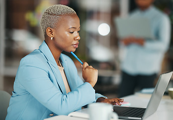 Image showing Business thinking, laptop focus and black woman, creative agent or person contemplating brand advertising plan. Project, problem solving and girl reading company report idea for social media strategy