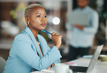 Image showing Business thinking, office laptop and black woman, creative agent or person working on advertising plan. Project, problem solving and serious girl brainstorming company idea for social media strategy
