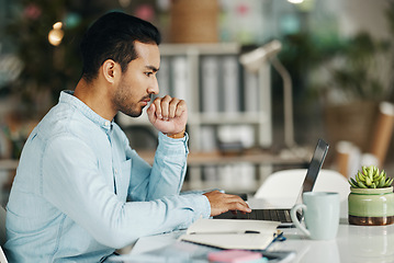 Image showing Laptop, reading focus and man thinking of creative development, solution or brand advertising plan. Research project, problem solving profile and person contemplating idea for social media strategy