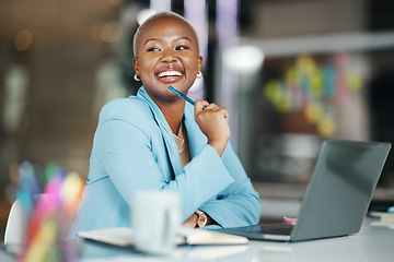 Image showing Office smile, laptop and happy black woman, creative agent or business person thinking of brand advertising plan. Agency, professional or girl working on company development for social media strategy