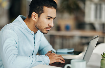 Image showing Laptop, reading or business man focus on website development, ecommerce feedback or online brand review. Research project, problem solving solution and male doing analysis for social media app launch