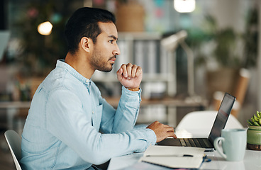 Image showing Business, office laptop and man thinking of creative development, solution or brand advertising plan. Research project, problem solving profile and person contemplating idea for social media strategy