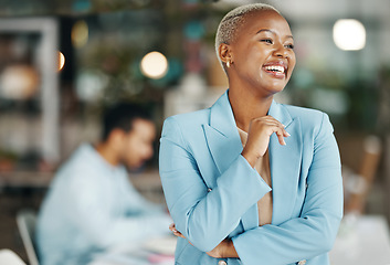 Image showing Happy, confident and arms crossed with black woman in office for leadership, management and laughing. Vision, inspiration and mission with female employee for smile, motivation and empowerment