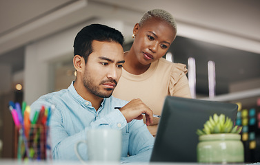 Image showing Laptop, reading or business people focus on website development, ecommerce teamwork or online brand review. Thinking, problem solving solution and diversity team analysis for social media app launch