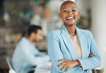 Image showing Happy, laughing and portrait of black woman in office for leadership, management and development. Positive, inspiration and mission with female employee for growth, motivation and empowerment