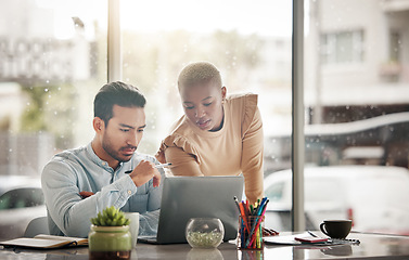 Image showing Business collaboration, laptop reading and team analysis of website, ecommerce teamwork or online brand feedback. Office diversity, data statistics and people review social network app development