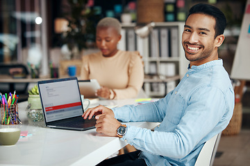 Image showing Portrait, smile and business man in office with pride for career, occupation or job. Ceo, boss and happy, proud or confident Asian professional entrepreneur sitting at table with laptop in company.