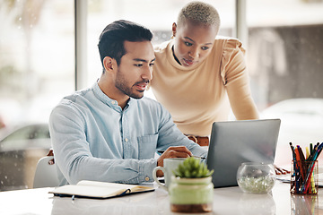 Image showing Collaboration, laptop reading and diversity team analysis of website, e commerce teamwork or online brand feedback. Business insight, data statistics and people review social network app development