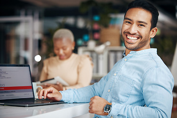 Image showing Portrait, smile and business man in office with pride for career, occupation or job. Ceo, night and happy, proud and confident Asian professional entrepreneur sitting at table with laptop in company.