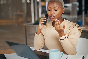 Image showing Laptop, phone call or black woman networking, talking or in communication for a company or digital agency. Business, girl or journalist speaking about online content research, feedback or update