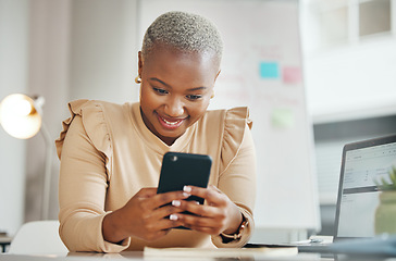 Image showing Black woman, office and texting on smartphone with smile, email or social media with happiness. Businesswoman, phone app and web chat for online dating, blog post and excited for contact at desktop