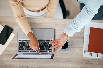 Image showing Teamwork, laptop or hands of business people pointing at screen in a digital agency working on a sales project. Collaboration meeting, startup or employees planning our vision, tech ideas or strategy