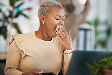 Image showing Office laptop, yawning or tired black woman reading email, online research or internet news report with fatigue. Exhausted African journalist copywriting for digital agency or fashion blog article