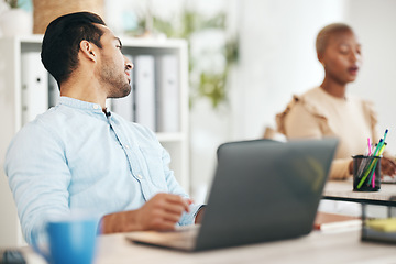 Image showing Office, talking and business man at desk on break in conversation, speaking and chatting to coworker. Creative startup, company and male worker with computer working on project, report and research