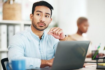 Image showing Man at desk, thinking with laptop and relax with ideas for content creation at digital marketing startup. Copywriter, thoughtful male and serious, contemplating and inspiration for copywriting job