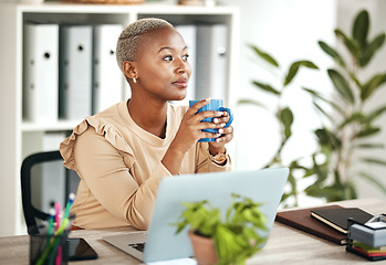 Image showing Black woman at desk, thinking with coffee and relax with ideas for content creation at digital marketing startup. Copywriter, laptop and female, contemplating and inspiration for copywriting job