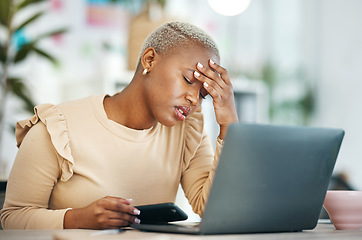 Image showing Stress, migraine and African businesswoman in the office while working on project with laptop. Burn out, tired and professional female business employee with a headache in modern corporate workplace.