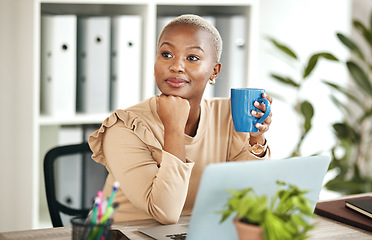 Image showing Black woman at desk, thinking with coffee cup and relax with ideas for content creation at digital marketing startup. Copywriter, laptop and female, contemplating and inspiration for copywriting job