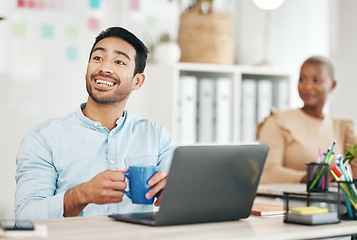 Image showing Laptop, coffee and happy with a business man at work in his office, taking a break during a project. Computer, drink and internet search with a male employee working in a creative startup workplace