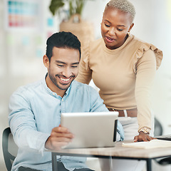 Image showing Creative business people, tablet and smile in digital marketing for planning design at the office desk. Happy asian man and black woman smiling with touchscreen for project plan or startup strategy