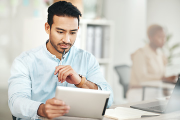 Image showing Reading, tablet and business man in office with research, information or internet browsing. Thinking, technology idea and male professional with touch screen for web scrolling, networking or email.