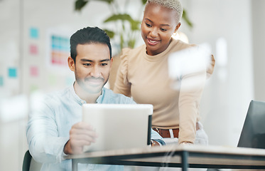 Image showing Creative business people, tablet and planning in digital marketing for design or tasks at office. Happy asian man and black woman smiling with touchscreen working on project plan or startup strategy