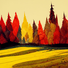 Image showing Autumn forest landscape. Colorful watercolor painting of fall se