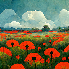 Image showing Beautiful poppy field and cloudy sky. Spring flower background, 