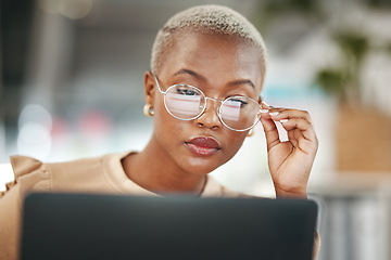 Image showing Office, laptop and black woman, reflection in glasses and thinking, checking email or search on digital report. Computer, concentration and journalist reading article for African online news website.