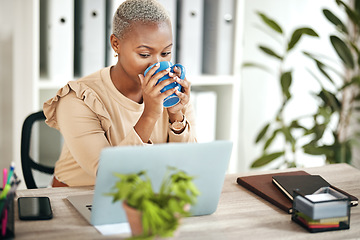 Image showing Black woman, business and coffee at laptop on desk in office reading email online with internet. Entrepreneur female person drinking tea and planning schedule or work while thinking about search