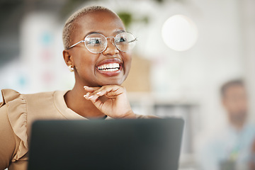 Image showing Happy black woman, thinking and smile, relax at desk with laptop for content creation ideas at digital marketing startup. Copywriter, female and contemplating with inspiration for copywriting job