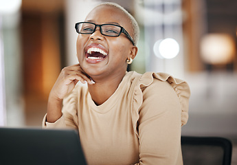 Image showing Office, glasses and portrait of laughing black woman with laptop, smile and confidence at work. Computer, happiness and African journalist working on funny article for digital news website or blog.