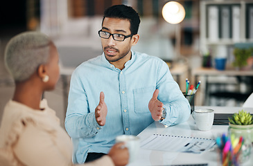 Image showing Teamwork, planning or business people in conversation in meeting in digital agency working on a sales project. Collaboration, startup or employees talking or speaking of our vision or strategy ideas