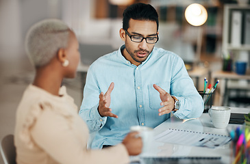 Image showing Team, interracial and discussion, brainstorming and meeting about project and communication, strategy and diversity. Collaboration at digital marketing agency, planning and people at desk with folder