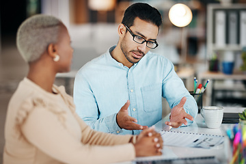 Image showing Teamwork, ideas or business people in conversation in office in a digital agency working on a sales project. Collaboration meeting, documents or employees talking or planning our vision or strategy