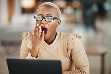 Image showing Office, laptop and yawning black woman with glasses, reading email or online research report at night. Computer, overtime and tired African journalist working late on article for digital news website