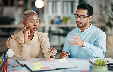 Image showing Collaboration, planning or discussion with a business team at work on the company mission in the office. Teamwork, strategy and documents with professional people brainstorm thinking while working