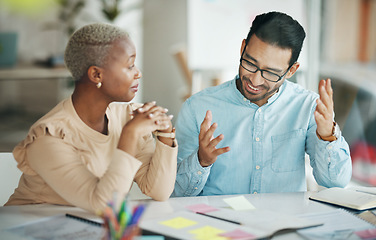 Image showing Collaboration, strategy or meeting with a business team talking about an idea in an office at work. Teamwork, planning and documents with professional people brainstorming to explain workflow