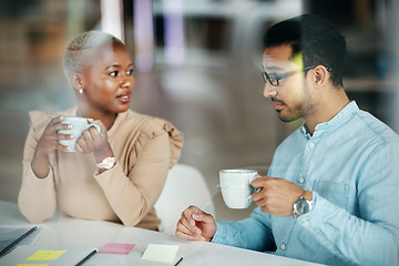 Image showing Team, interracial and brainstorming, meeting and coffee with market research and discussion, strategy and sticky note. Collaboration at digital marketing startup, people at desk with teamwork