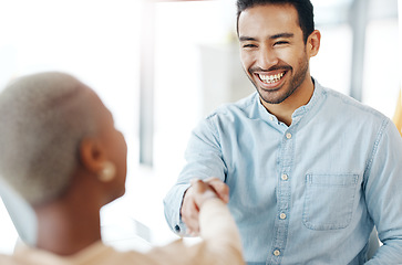 Image showing Handshake, professional team and smile, partnership and collaboration, agreement or deal with success. Diversity, shaking hands and people happy working together in meeting with teamwork and trust